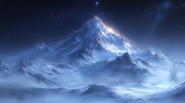 夜晚的極光和雪山