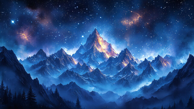 水彩畫戶外群山和星空