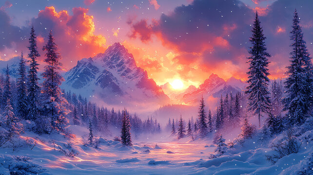 水彩日落時(shí)白雪皚皚的景色