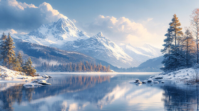 風(fēng)景主題白雪皚皚的群山映襯下的湖景