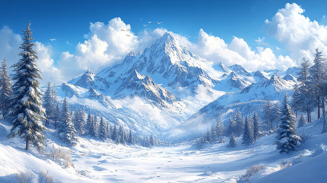 冬季雪山風(fēng)景自然插圖背景壁紙