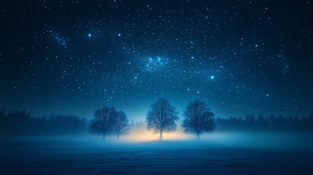夜幕中的星空映襯下樹(shù)木的輪廓