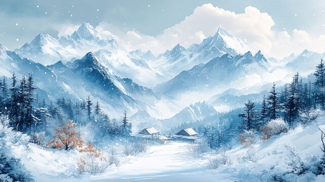 水彩白雪皚皚的群山在天空中的全景