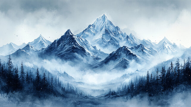 水彩白雪皚皚的群山映襯著多云的天空