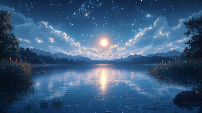 月亮在森林湖背景上的夜空