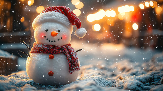 雪夜雪人圣誕帽
