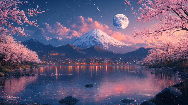 櫻花靜夜山水