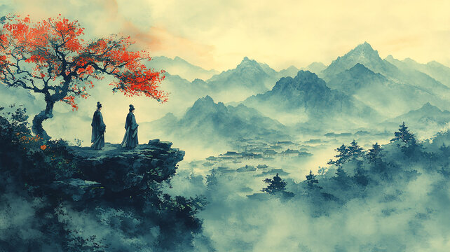 古樹遠山圖