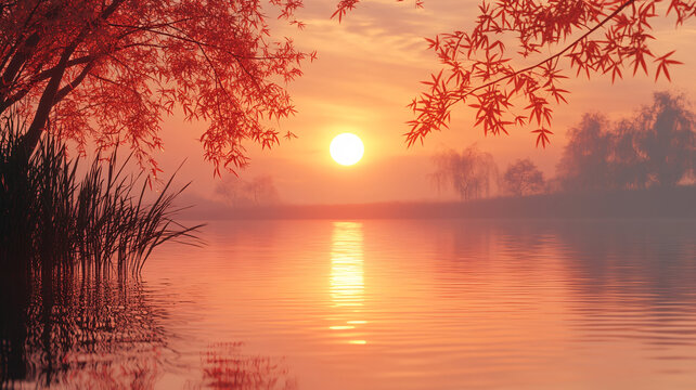 金色夕陽(yáng)映水面