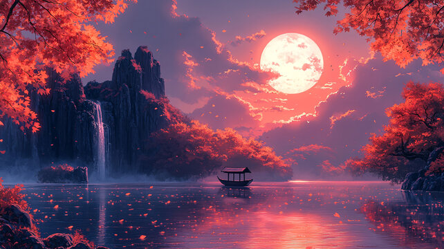 楓葉月夜舟行圖