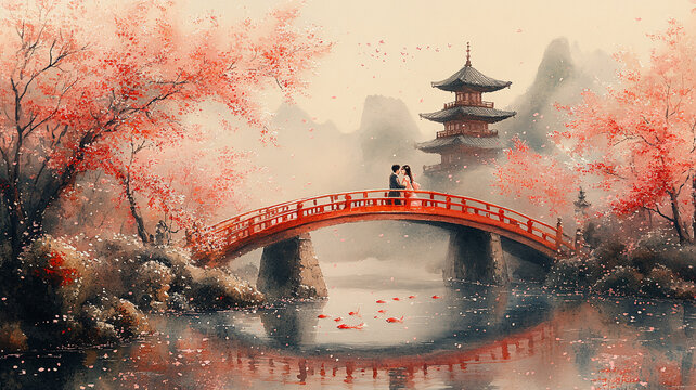 櫻花橋上情侶相擁