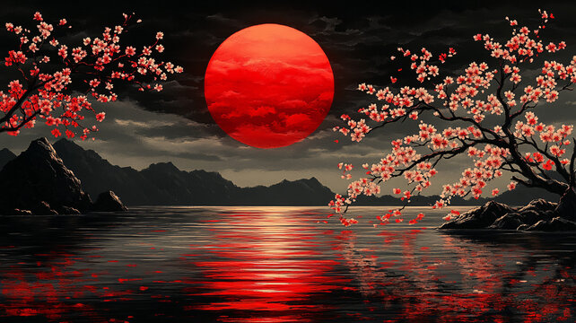櫻花枝頭紅日升