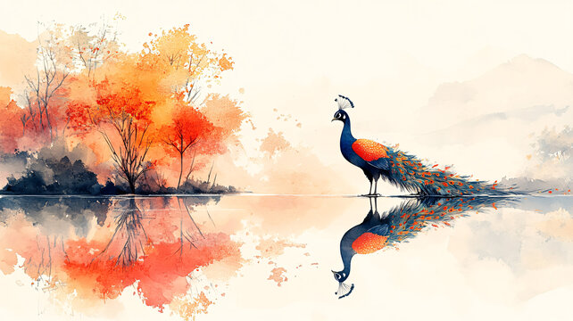 白底孔雀插圖