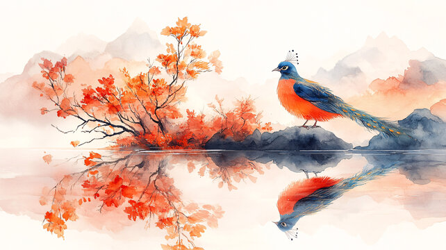 白底孔雀插圖