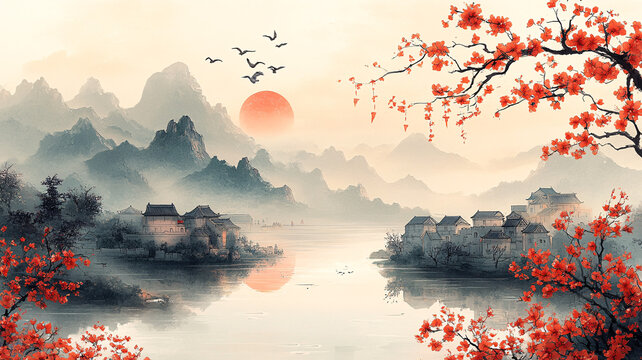 鳥語花香村景圖