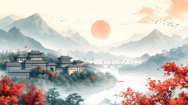 鳥語花香村景圖