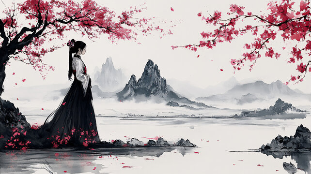 桃花樹下的女子