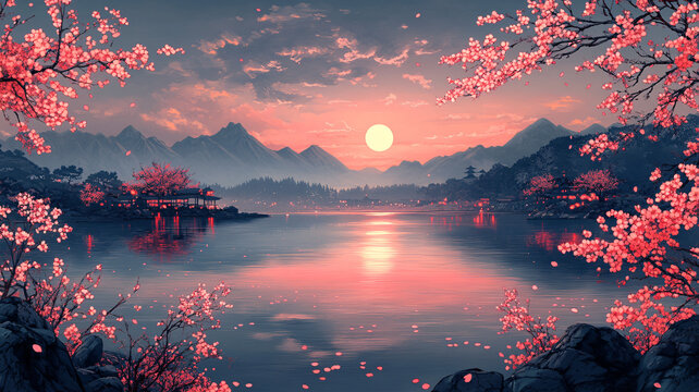 櫻花河畔晚照
