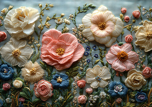 粉色花卉刺繡圖案