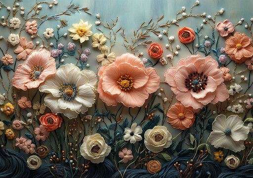 粉色花卉刺繡圖案