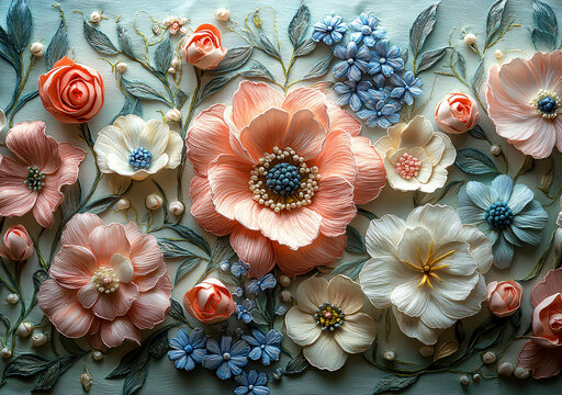 粉色花卉刺繡圖案
