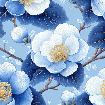 藍(lán)白山茶花圖案