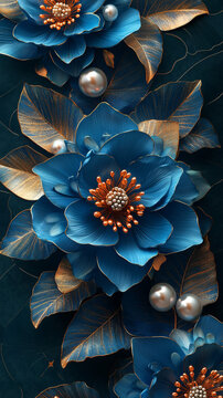 藍(lán)金對(duì)稱花卉壁紙