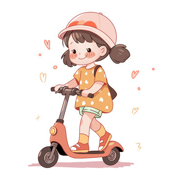 騎滑板車的女孩卡通插畫
