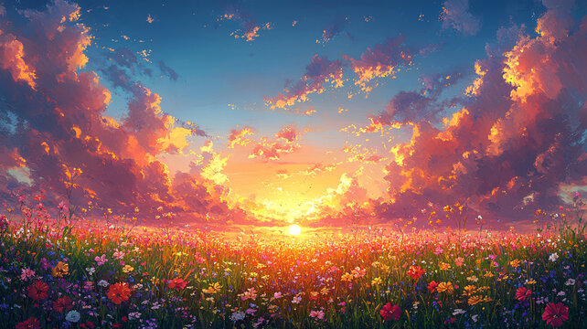 花邊草地夕陽(yáng)圖