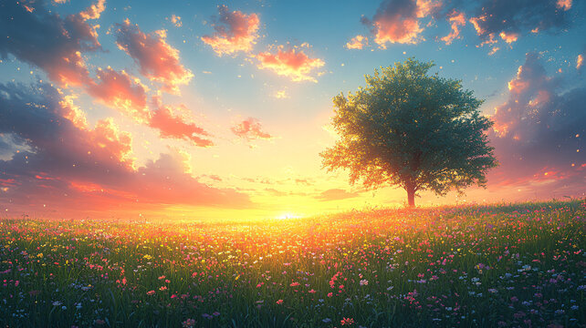 花邊草地夕陽(yáng)圖