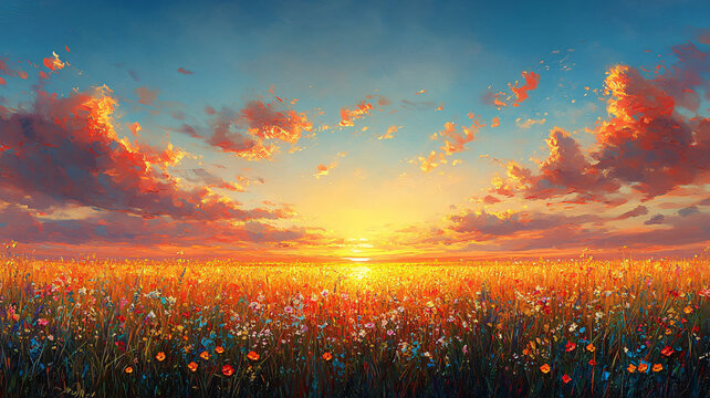 花邊草地夕陽圖
