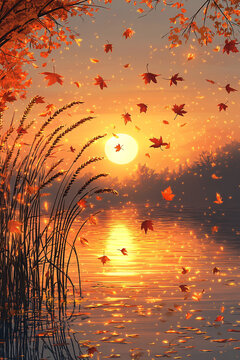 秋葉映水夕陽(yáng)金