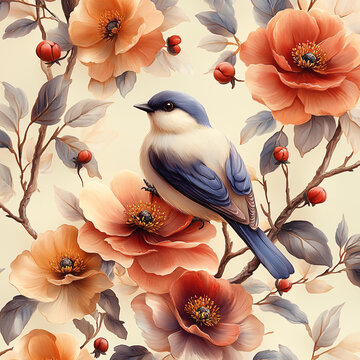 牡丹花枝鳥背景