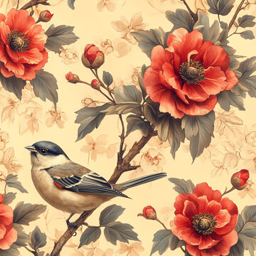 牡丹花枝鳥背景