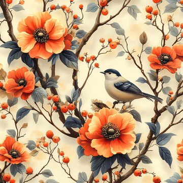 牡丹花枝鳥背景