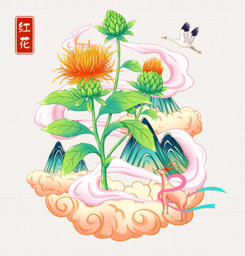 紅花插畫手繪