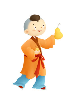 拿著梨的小孩