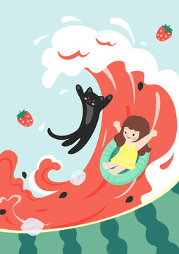 夏天女孩沖浪貓咪西瓜扁平風插畫