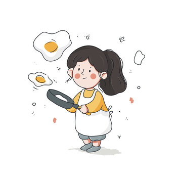 做飯的女孩手繪插畫