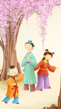 在紫藤樹下玩耍的孩子