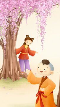 樹下玩耍的孩子