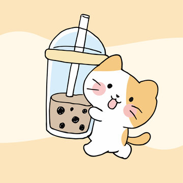 卡通貓咪和奶茶