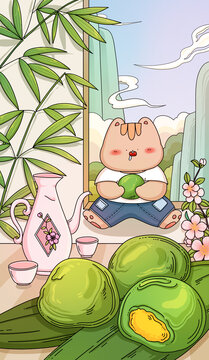 吃青團手繪插畫