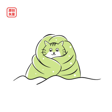 矢量插圖動(dòng)物冬天裹著被子的小貓