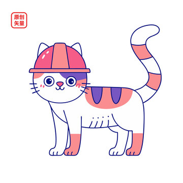矢量插圖動物簡約扁平化戴安全帽小貓