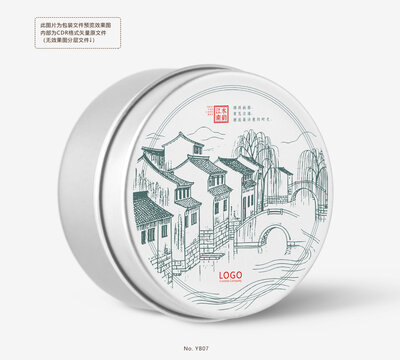 江南水鄉(xiāng)古鎮(zhèn)圓罐標(biāo)貼不干膠設(shè)計(jì)模板矢量