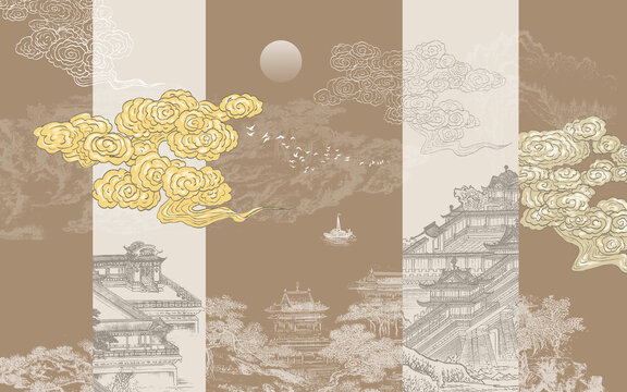 新中式山水祥云壁紙背景墻