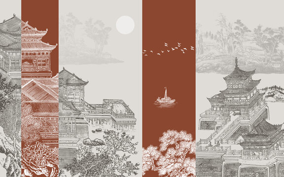 中式輕奢樓閣山水畫背景