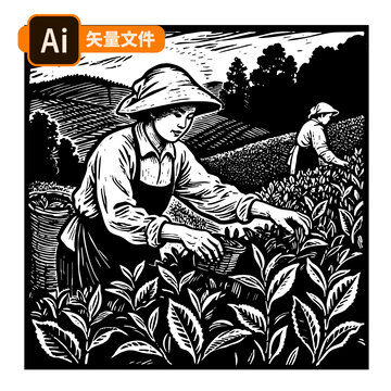 采茶女版畫線稿