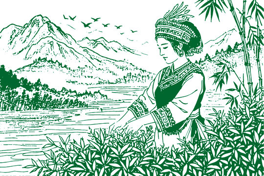 春季采茶忙手繪插畫茶葉包裝底紋矢量圖